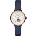 Emporio Armani Silver Dial Blue Leather 34mm Womens Watch