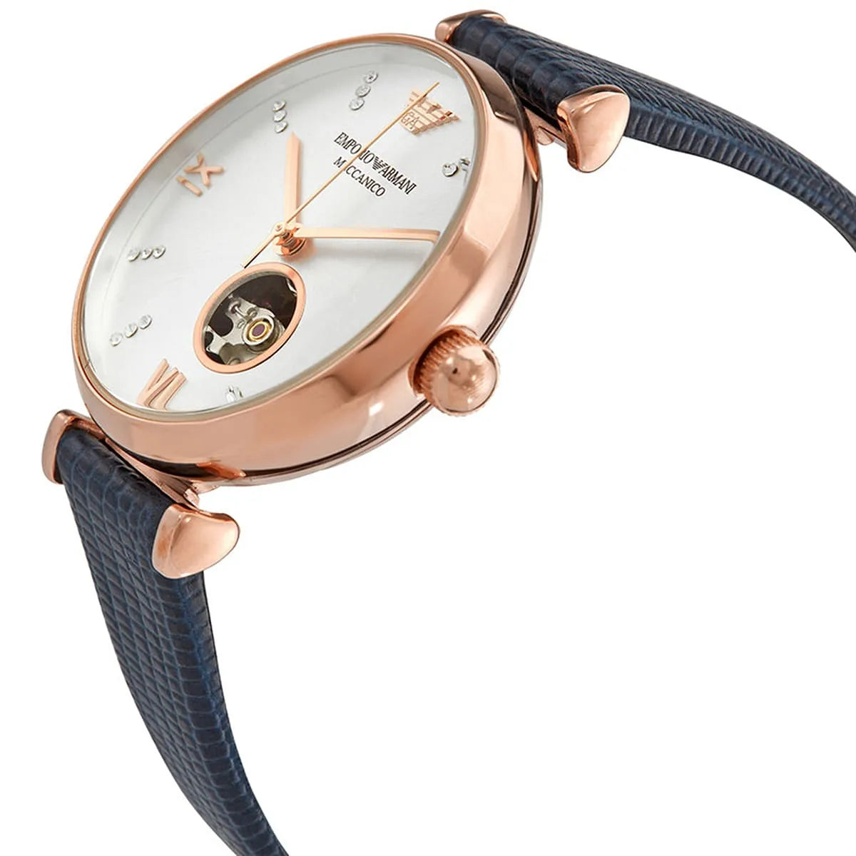 Emporio Armani Silver Dial Blue Leather 34mm Womens Watch