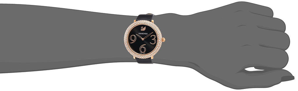 Swarovski Crystal Frost Black Dial Watch – Rose Gold PVD Case & Black Leather Strap | Swiss Made Women's Timepiece