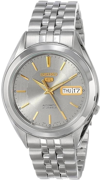 Seiko 5 SNKL19K1 – 37mm Automatic Watch, Grey Dial, Two-Tone Stainless Steel Bracelet, Hardlex Crystal, Day-Date Display, 30M Water Resistance