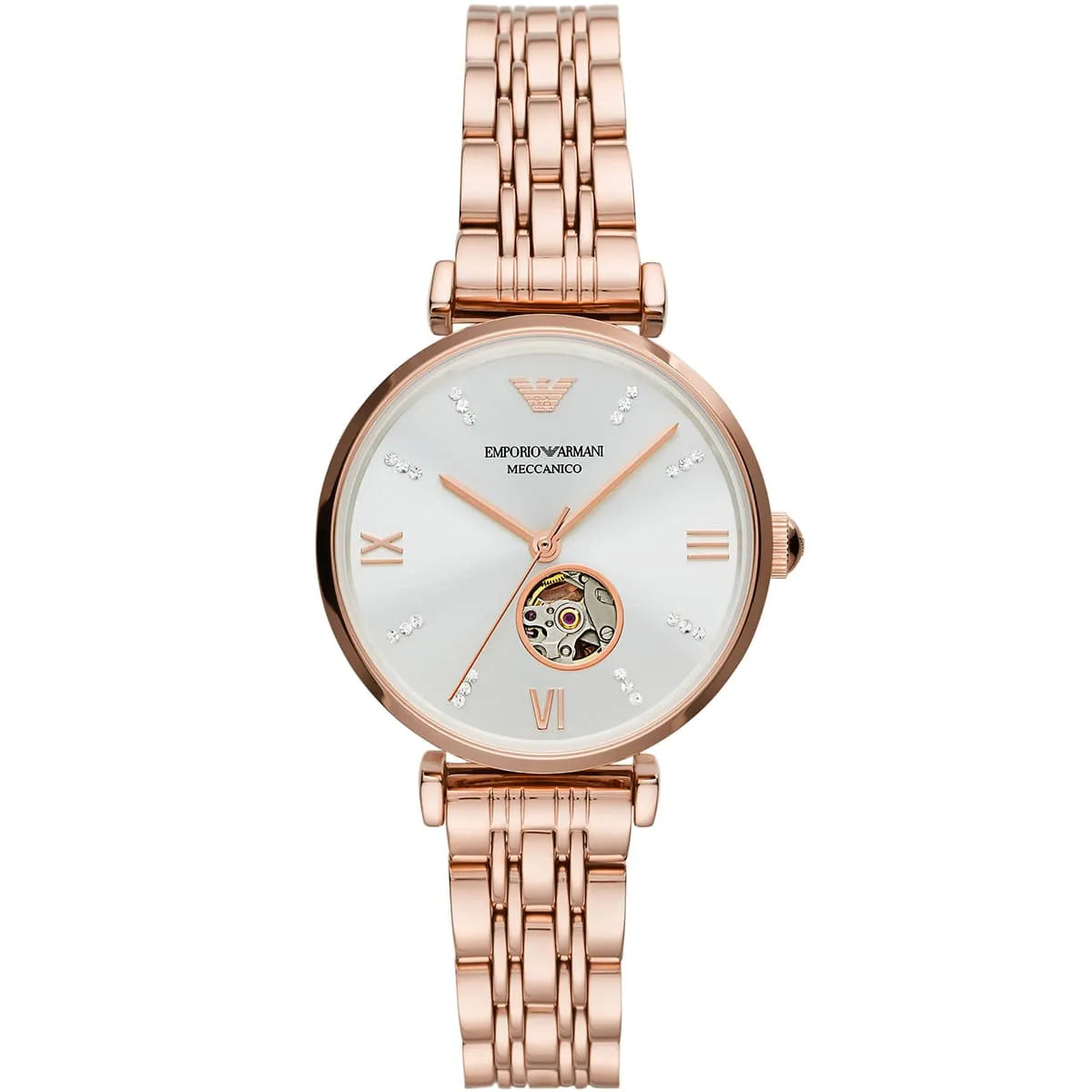 Emporio Armani Silver Dial Rose Gold Stainless Steel 34mm Womens Watch