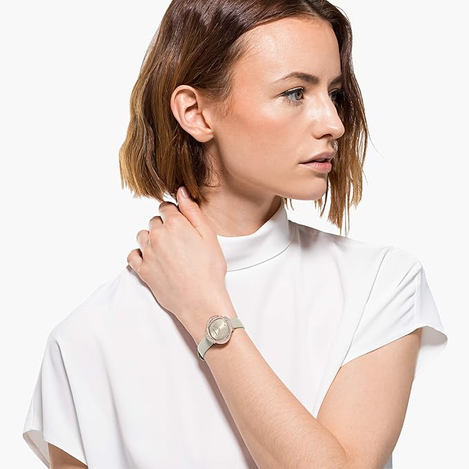 Swarovski Crystal Flower Stainless Steel Swiss Quartz Watch – Grey Leather Strap & White Crystals | Women's Timepiece