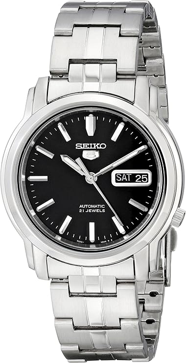 Seiko 5 SNKK71K1 – 38mm Automatic Watch, Black Dial, Stainless Steel Bracelet, Hardlex Crystal, Day-Date Display, 30M Water Resistance