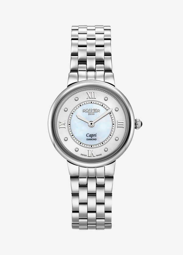 Roamer Capri 30 mm Ladies Watch – Mother of Pearl Dial, Silver Hands, Quartz Movement, Stainless Steel Strap, Sapphire Crystal, 5 Bar Water Resistance