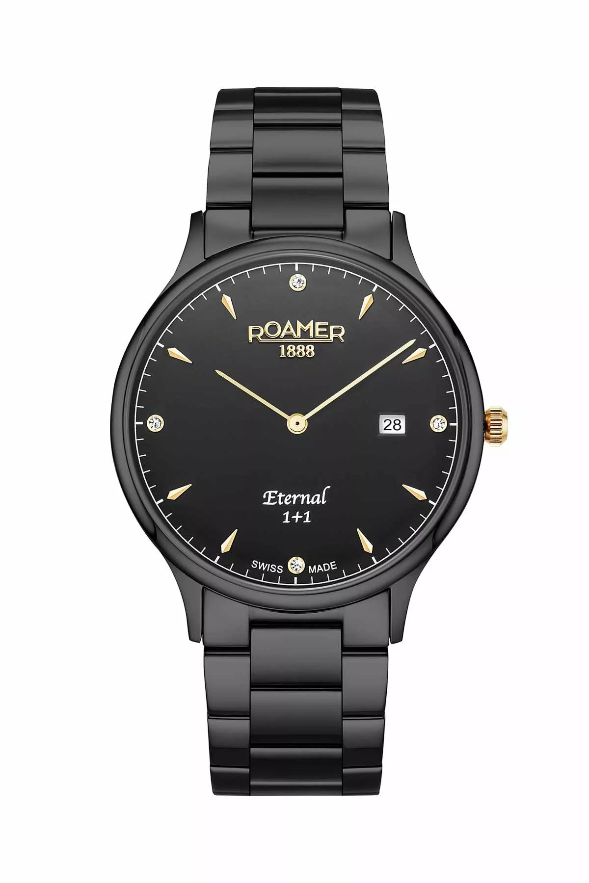 Roamer Eternal 40 mm Men’s Battery Watch – Black Dial with Gold Hands, Quartz Movement, Black Stainless Steel Strap, Sapphire Glass, 5 Bar Water Resistance