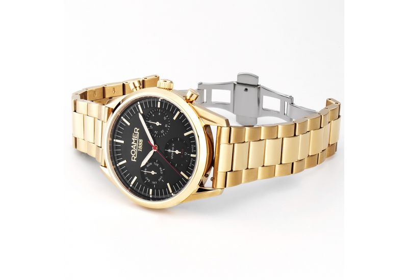 Roamer Sportivo IV Chronograph Men's 43mm Watch – Swiss Made, Black Dial, Gold Stainless Steel, 100M Water Resistance