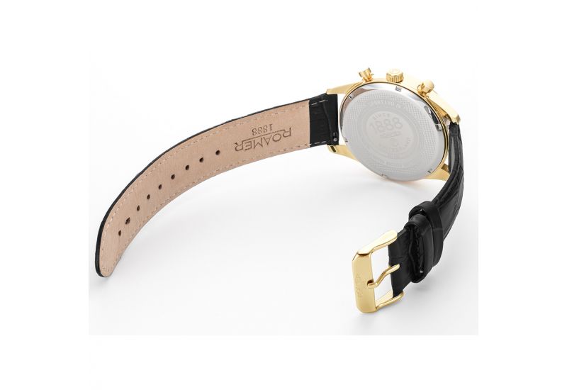 Roamer Sportivo IV Chronograph Men's 43mm Watch – Swiss Made, Black Dial, Gold Stainless Steel, 100M Water Resistance