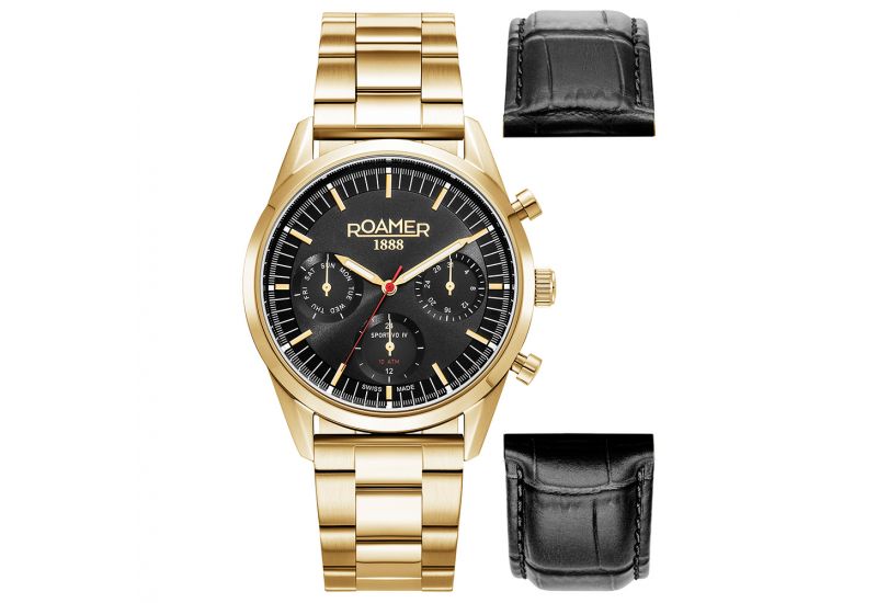 Roamer Sportivo IV Chronograph Men's 43mm Watch – Swiss Made, Black Dial, Gold Stainless Steel, 100M Water Resistance