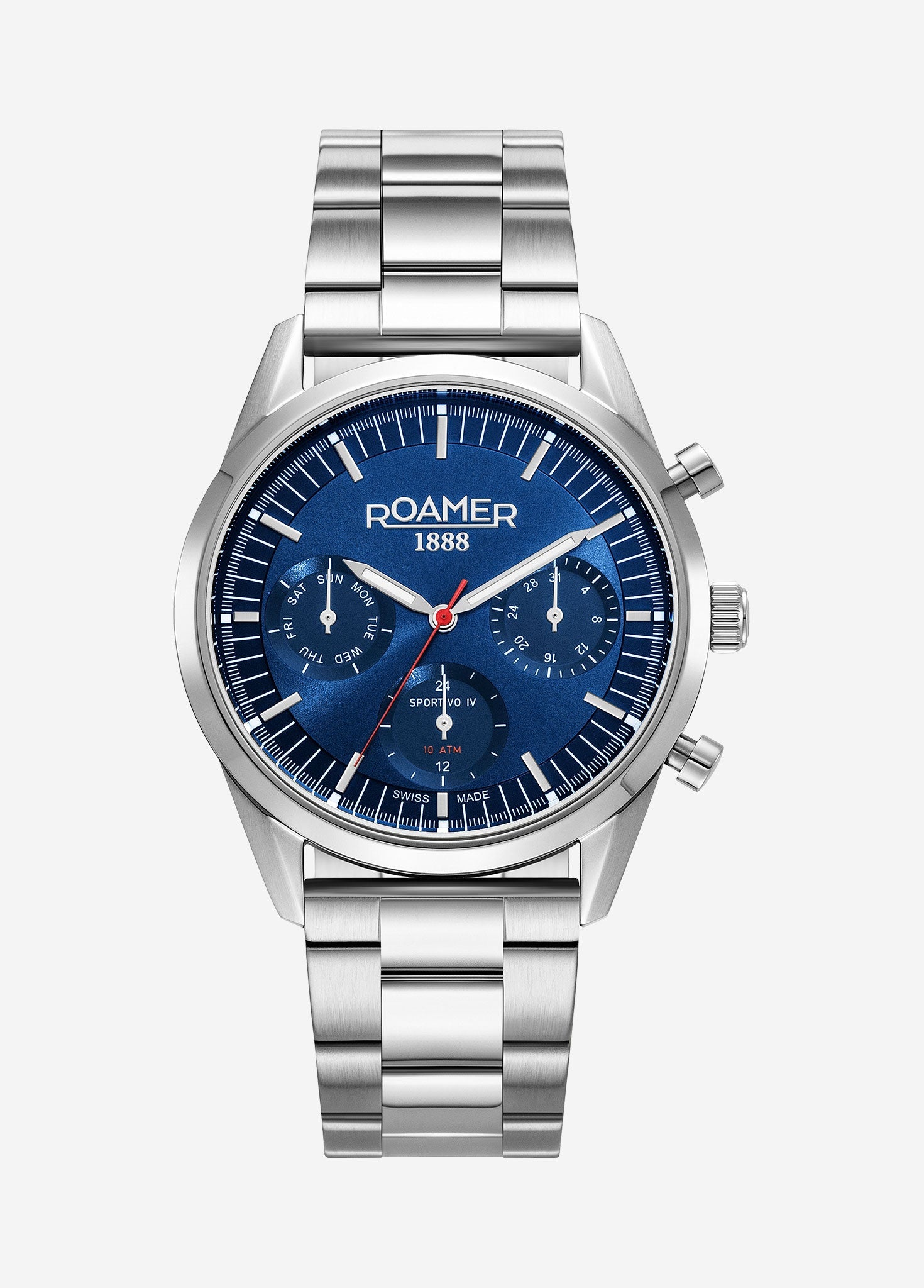Roamer Sportivo IV Chronograph 43mm Men's Watch – Blue Dial, Silver Stainless Steel, Quartz Movement, 10 ATM Water Resistance