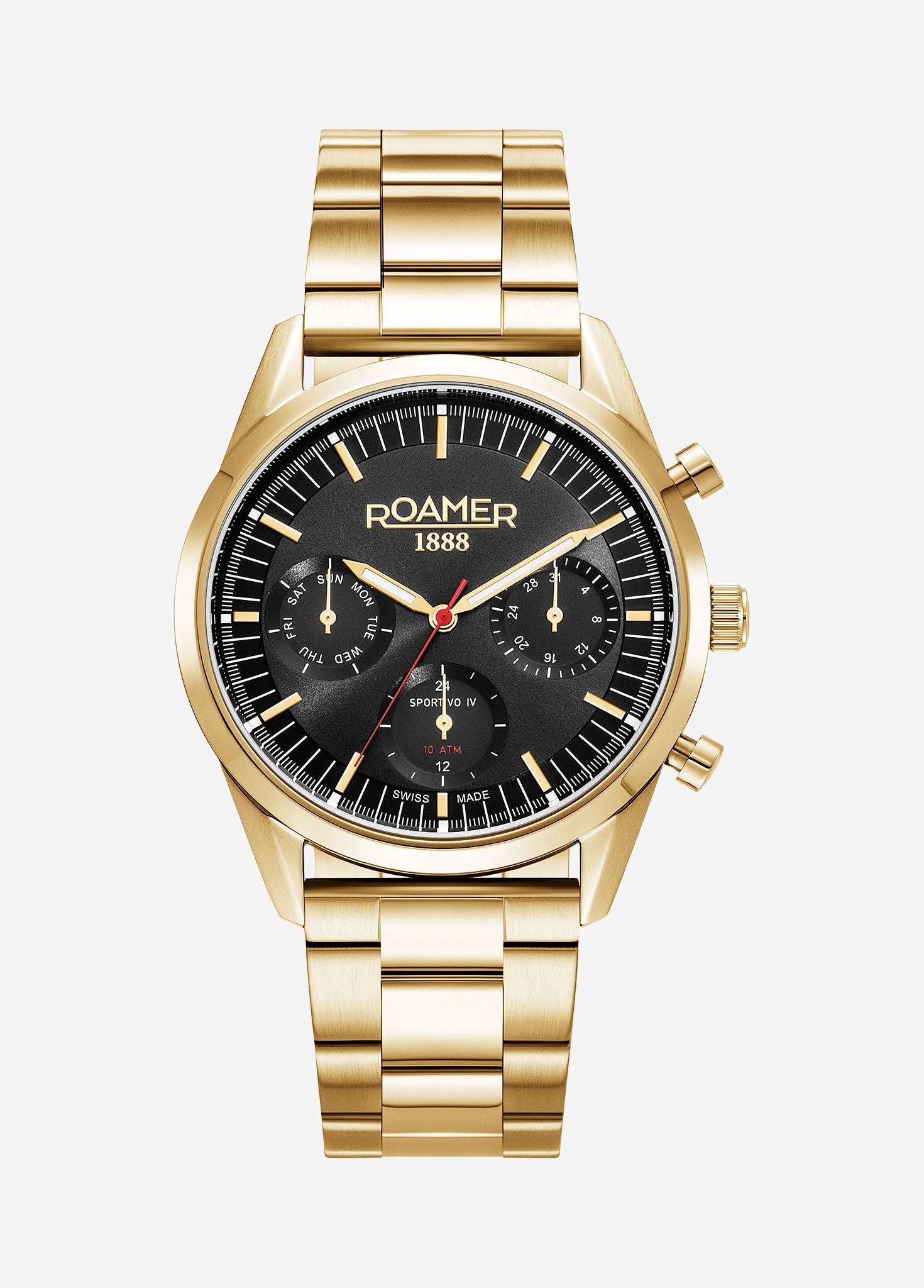 Roamer Sportivo IV Chronograph Men's 43mm Watch – Swiss Made, Black Dial, Gold Stainless Steel, 100M Water Resistance