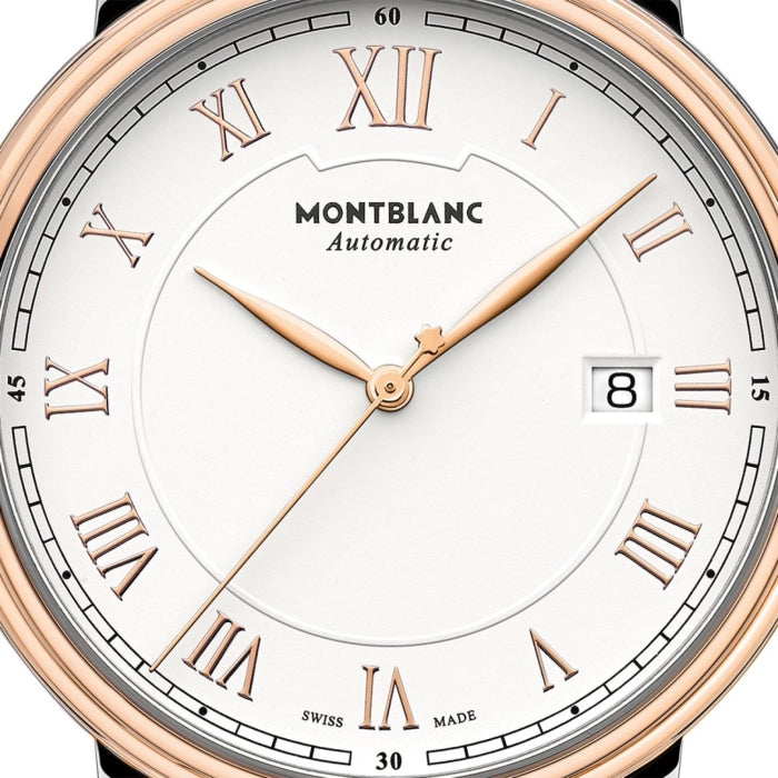 Montblanc Tradition Men's 40mm Automatic Watch MB114337, Swiss Automatic Movement, Silver Dial, 18K Rose Gold and Stainless Steel Case, 30m Water Resistance