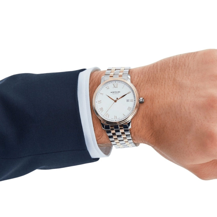 Montblanc Tradition Men's 40mm Automatic Watch MB114337, Swiss Automatic Movement, Silver Dial, 18K Rose Gold and Stainless Steel Case, 30m Water Resistance