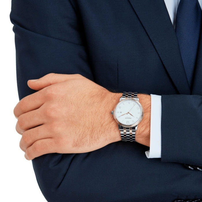 Montblanc Tradition Men's 40mm Automatic Watch MB114337, Swiss Automatic Movement, Silver Dial, 18K Rose Gold and Stainless Steel Case, 30m Water Resistance