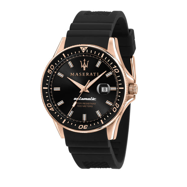 Maserati Sfida Automatic Black Dial Men's Watch With Rose Gold PVD finish & Silicone Strap R882140001