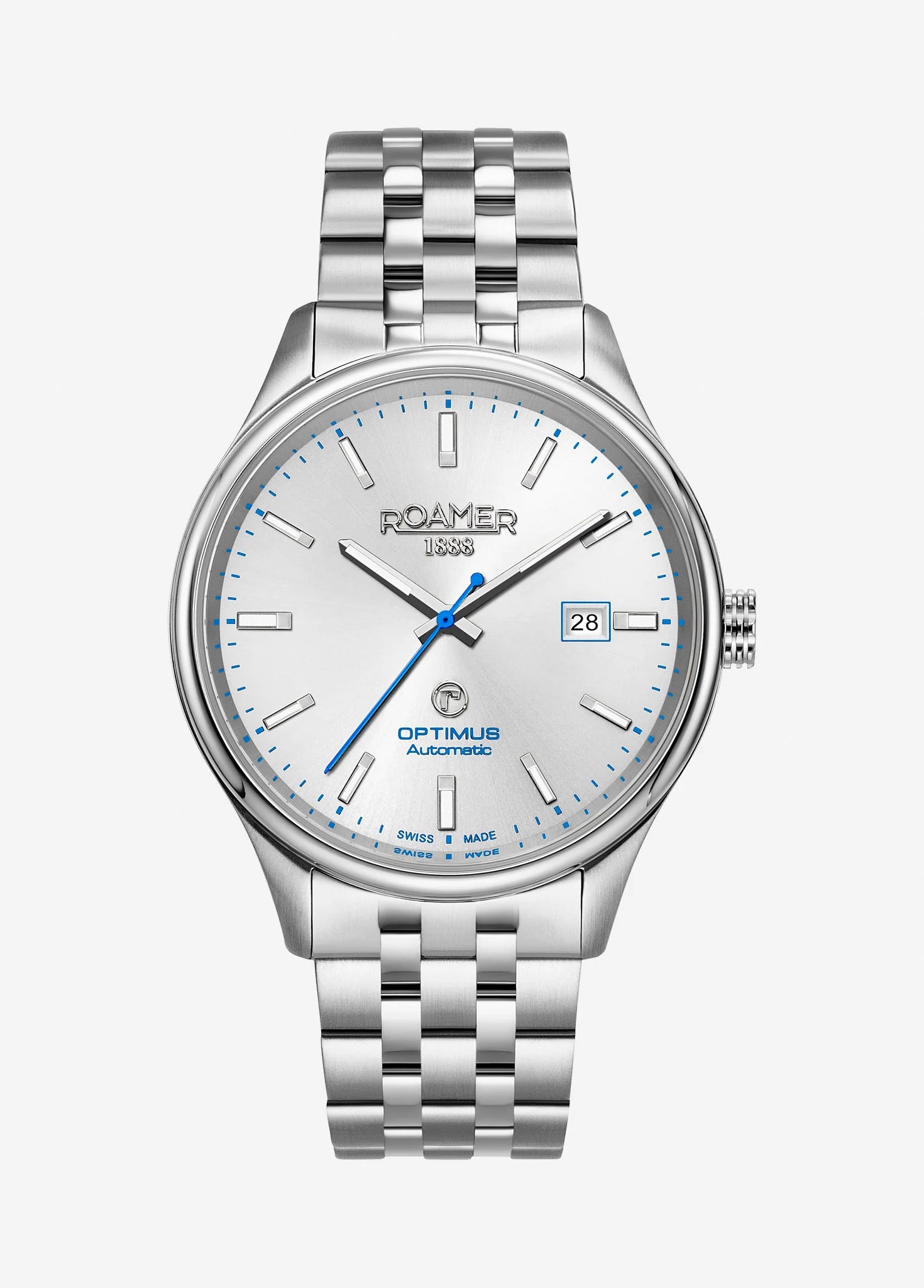 Roamer Optimus Men's Silver Watch – Swiss Made, Self-Winding Movement, Sapphire Crystal, Silver Stainless Steel Case, 50M Water Resistance