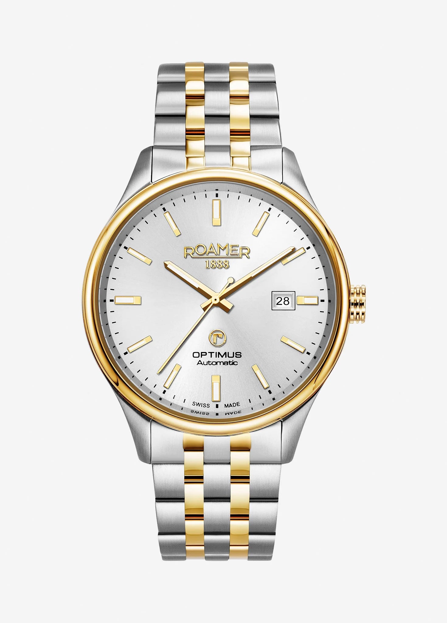 Roamer Optimus Men's Watch – Swiss Made, Self-Winding Movement, Sapphire Crystal, Silver Stainless Steel Case, Gold & Silver Bracelet, 50M Water Resistance