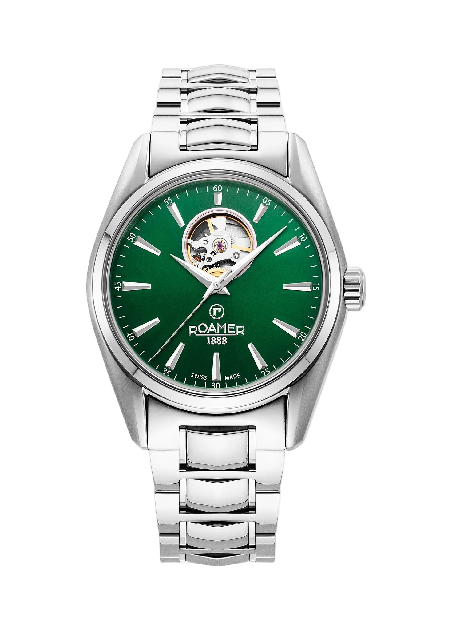 Roamer Searock Master Men's Green Dial Watch – Swiss Made, Soprod P24 Movement, 100M Water Resistance, Sapphire Crystal, Stainless Steel Bracelet