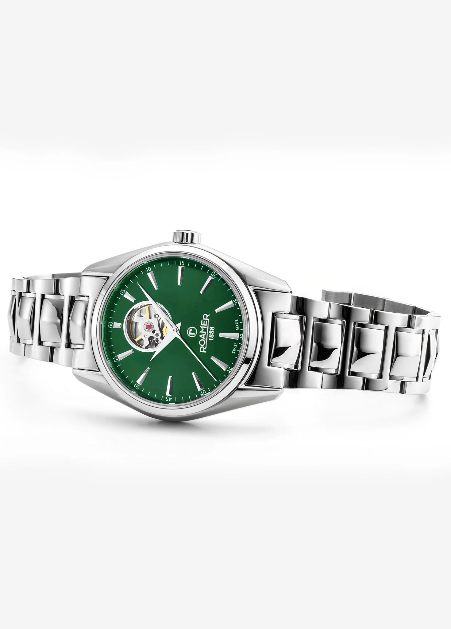 Roamer Searock Master Men's Green Dial Watch – Swiss Made, Soprod P24 Movement, 100M Water Resistance, Sapphire Crystal, Stainless Steel Bracelet