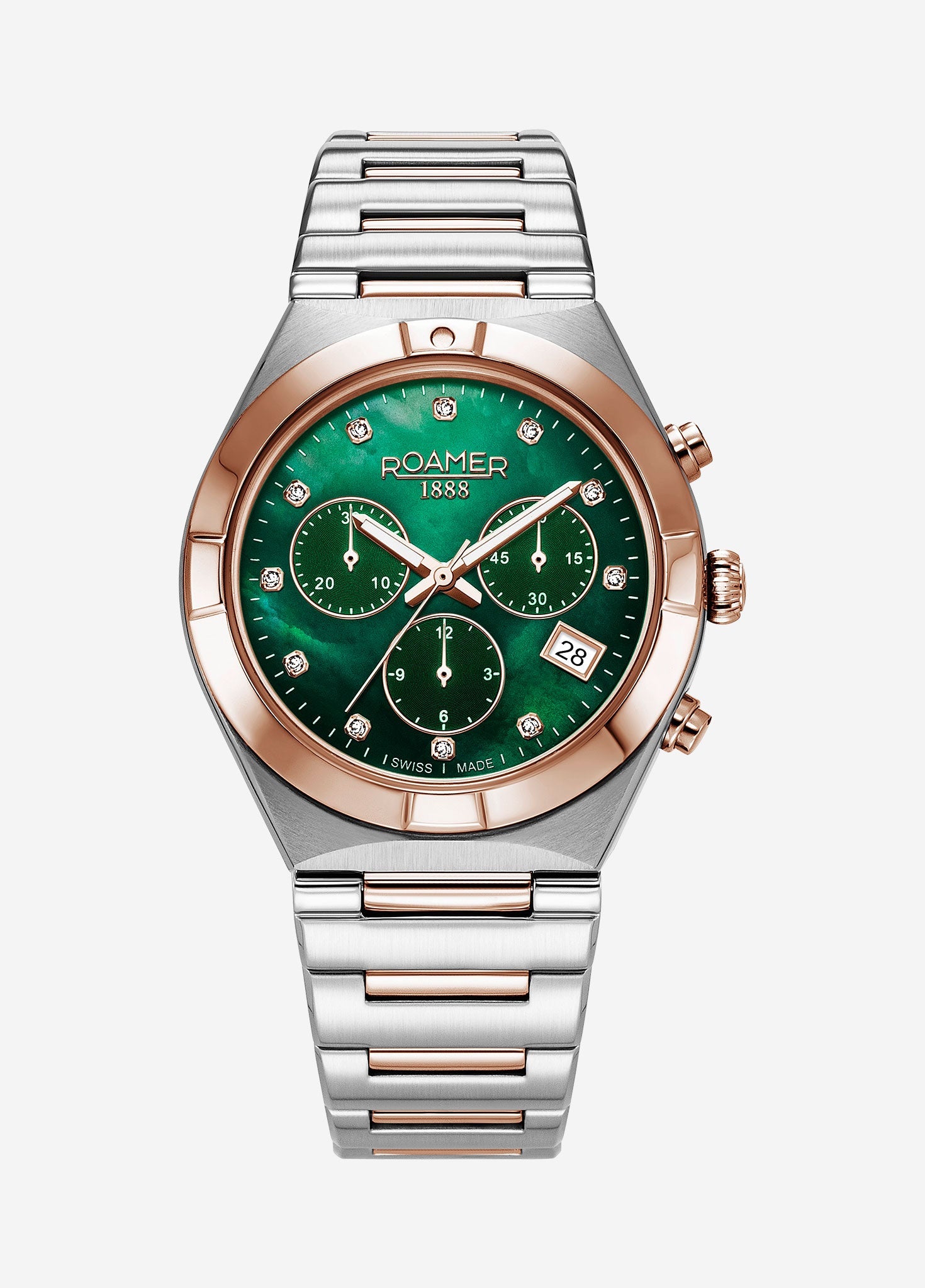 Roamer Eos Chronograph 38mm Ladies Watch – Swiss Made, Green MOP Dial, Sapphire Glass, 100M Water Resistance