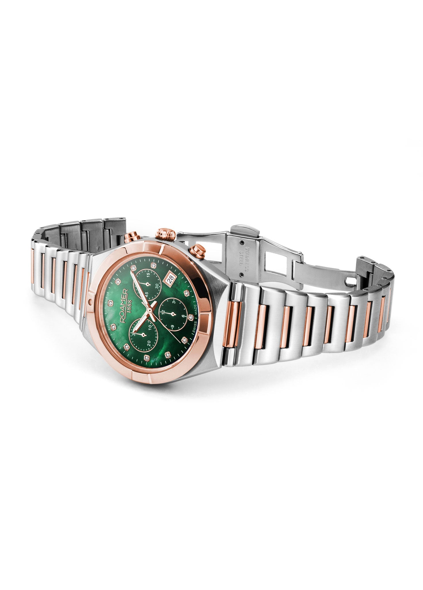 Roamer Eos Chronograph 38mm Ladies Watch – Swiss Made, Green MOP Dial, Sapphire Glass, 100M Water Resistance