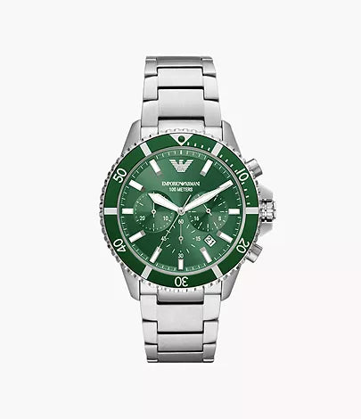 Emporio Armani AR11500 Men’s Chronograph Watch – 43mm Silver Stainless Steel, Green Sunray Dial, 10 ATM Water Resistant