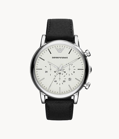 Emporio Armani Chronograph White Dial Black Leather Men's Watch -AR1807