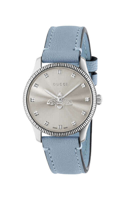 Gucci G-Timeless YA1265039 Ladies Watch – 29mm Stainless Steel, Silver Sunbrushed Dial, Bee Seconds Hand, Sapphire Crystal, Swiss Made