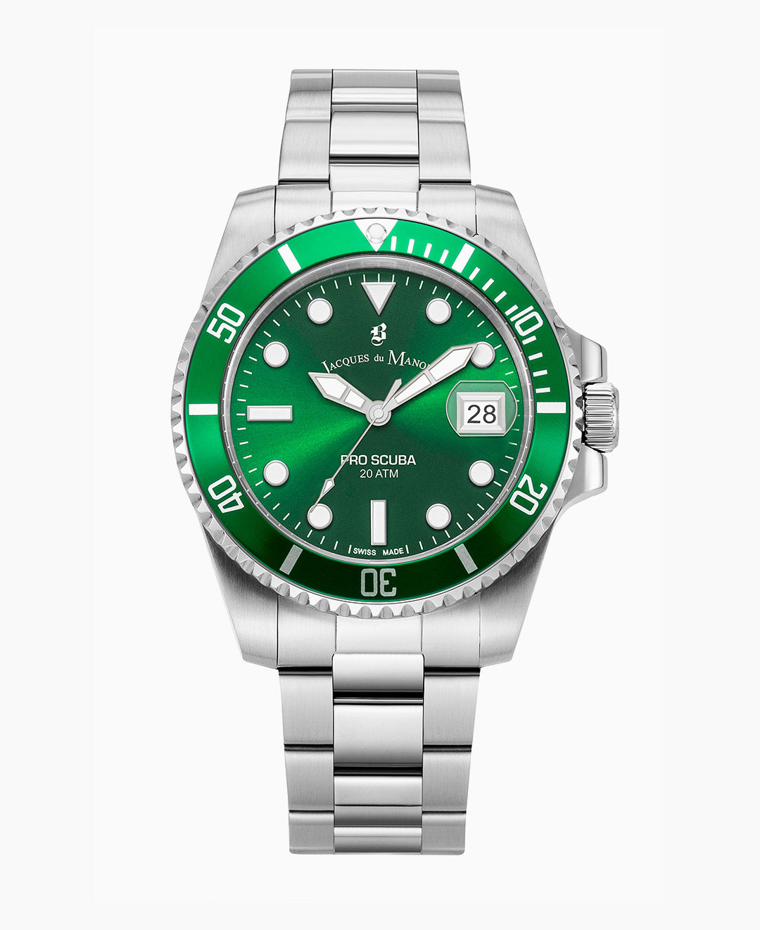 Jacques Du Manoir Pro Scuba Men’s Watch JWG02701 – Swiss Made, 40mm, Stainless Steel, Green Dial, Rotating Bezel, 20 ATM