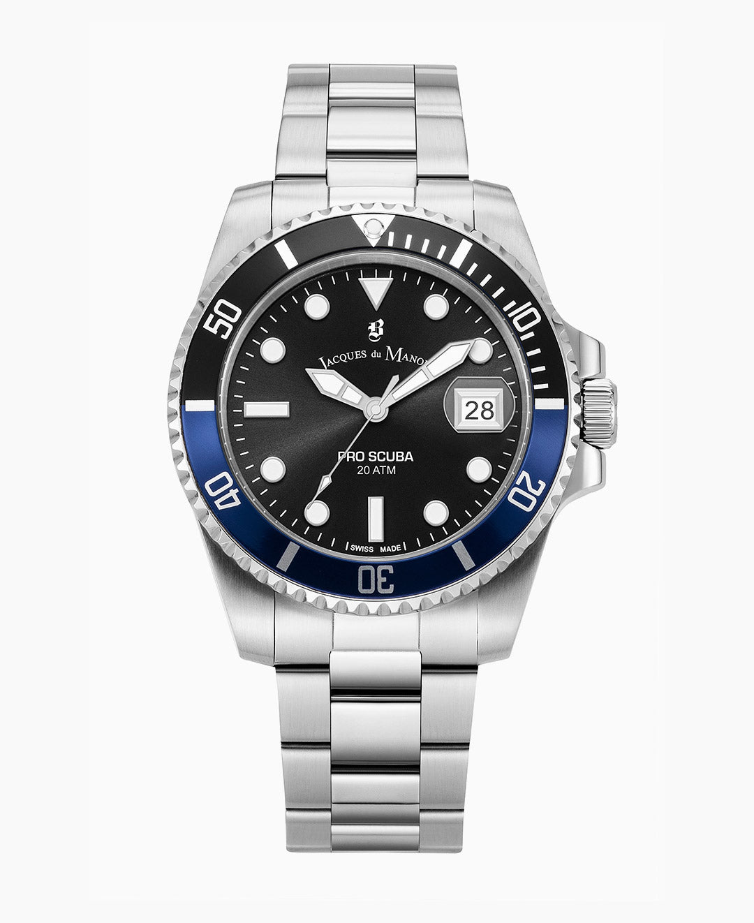 Jacques Du Manoir Pro Scuba Men’s Watch JWG02703 – Swiss Made, 40mm, Stainless Steel, Black Dial, Blue/Black Bezel, 20 ATM