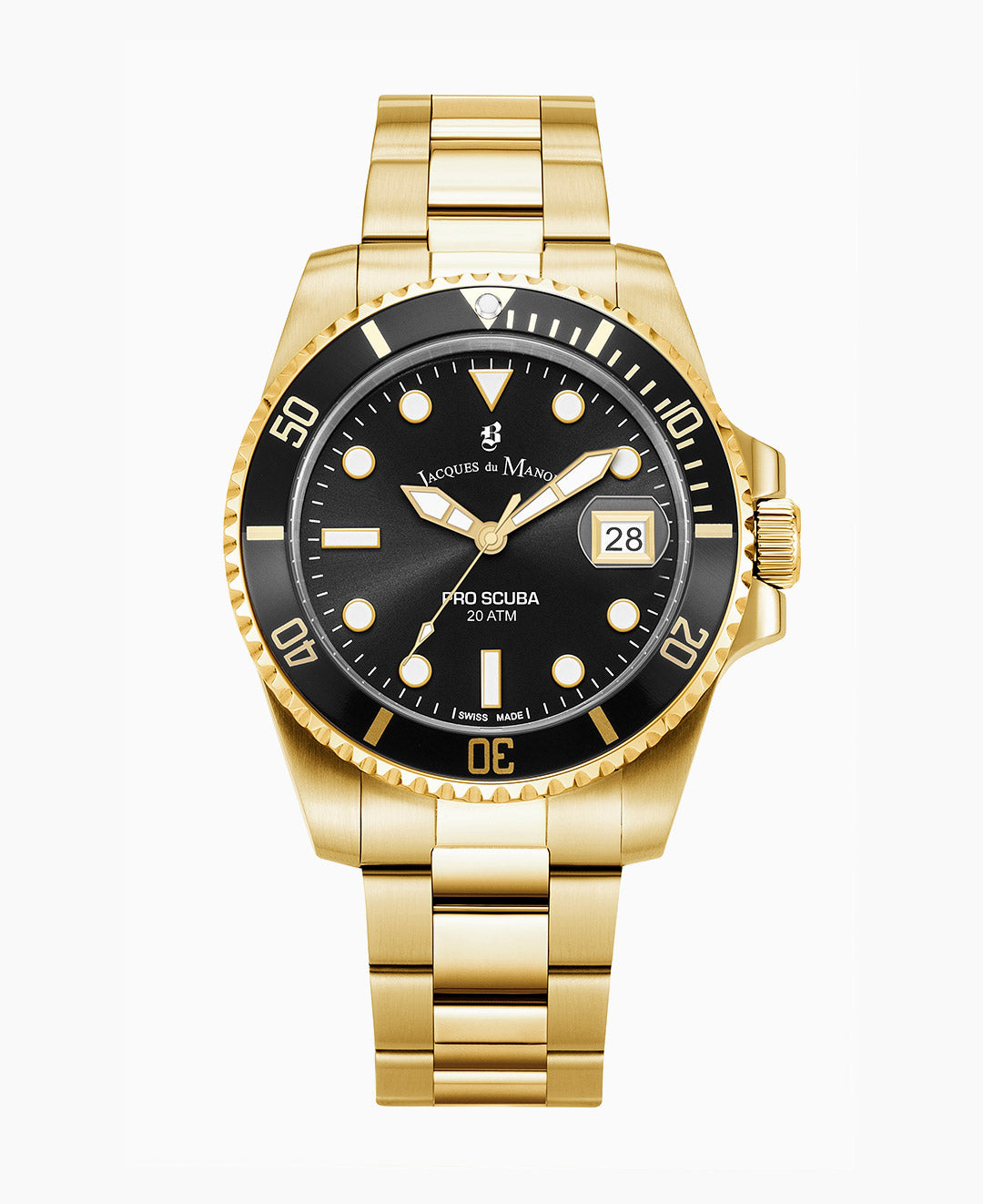 Jacques Du Manoir Pro Scuba 43 Men’s Watch JWG02803 – Swiss Made, 43mm, Gold PVD Stainless Steel, Black Dial, Rotating Bezel, 20 ATM