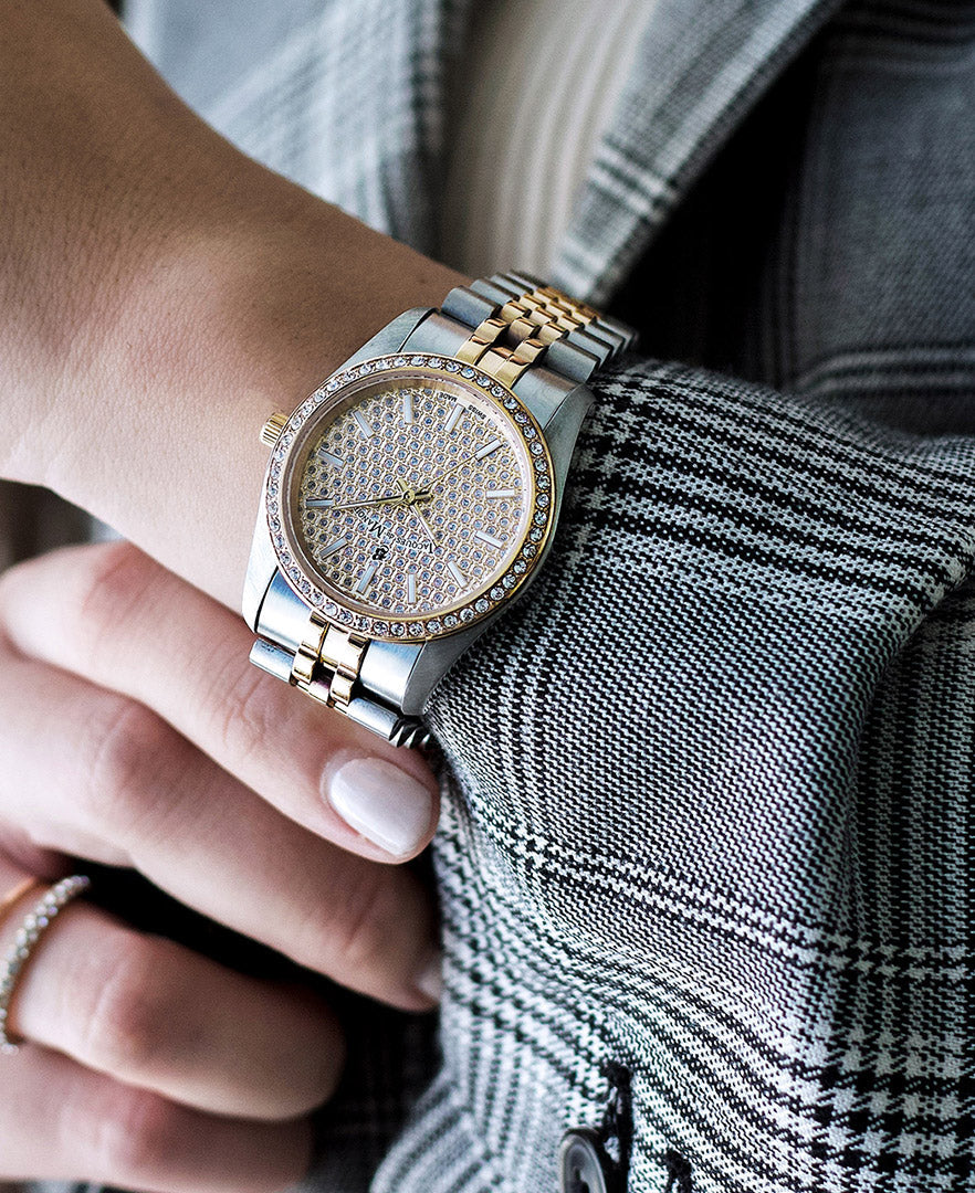 Jacques Du Manoir Inspiration Glamour Ladies Watch JWL01103 – Swiss Made, 34mm, Two-Tone Silver & Gold, Gold Dial with Stones, Quartz, 5-Year Warranty