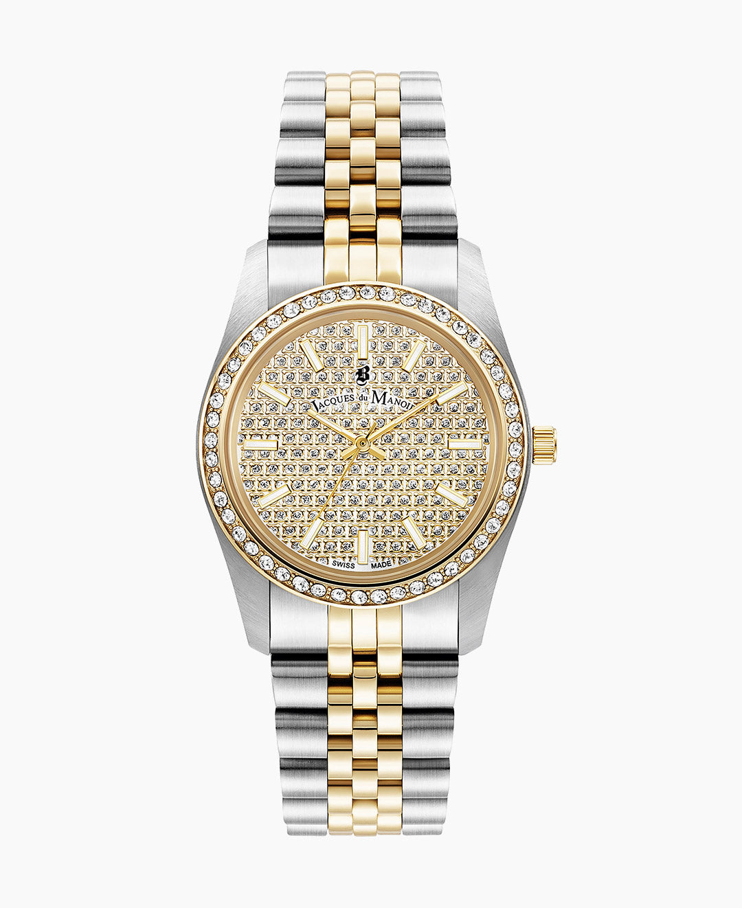 Jacques Du Manoir Inspiration Glamour Ladies Watch JWL01103 – Swiss Made, 34mm, Two-Tone Silver & Gold, Gold Dial with Stones, Quartz, 5-Year Warranty