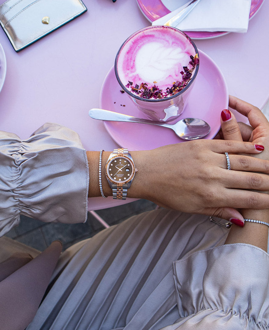 Jacques Du Manoir Inspiration Ladies Watch JWL01202 – Swiss Made, 31mm, Two-Tone Rose Gold & Silver, Brown Dial, Quartz