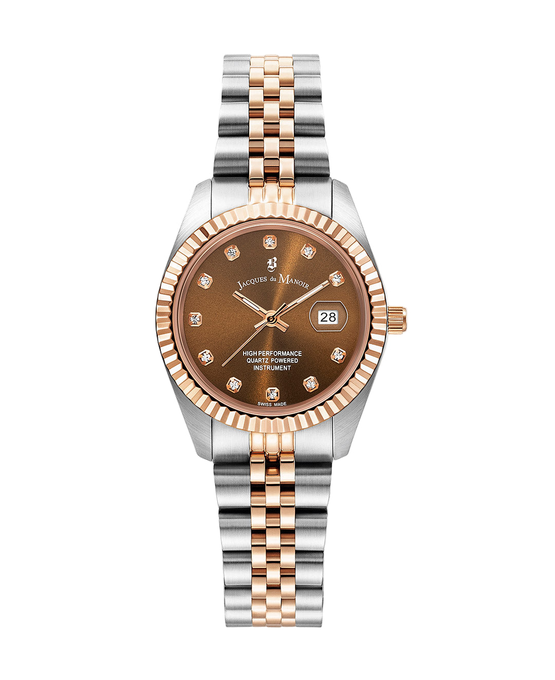 Jacques Du Manoir Inspiration Ladies Watch JWL01202 – Swiss Made, 31mm, Two-Tone Rose Gold & Silver, Brown Dial, Quartz