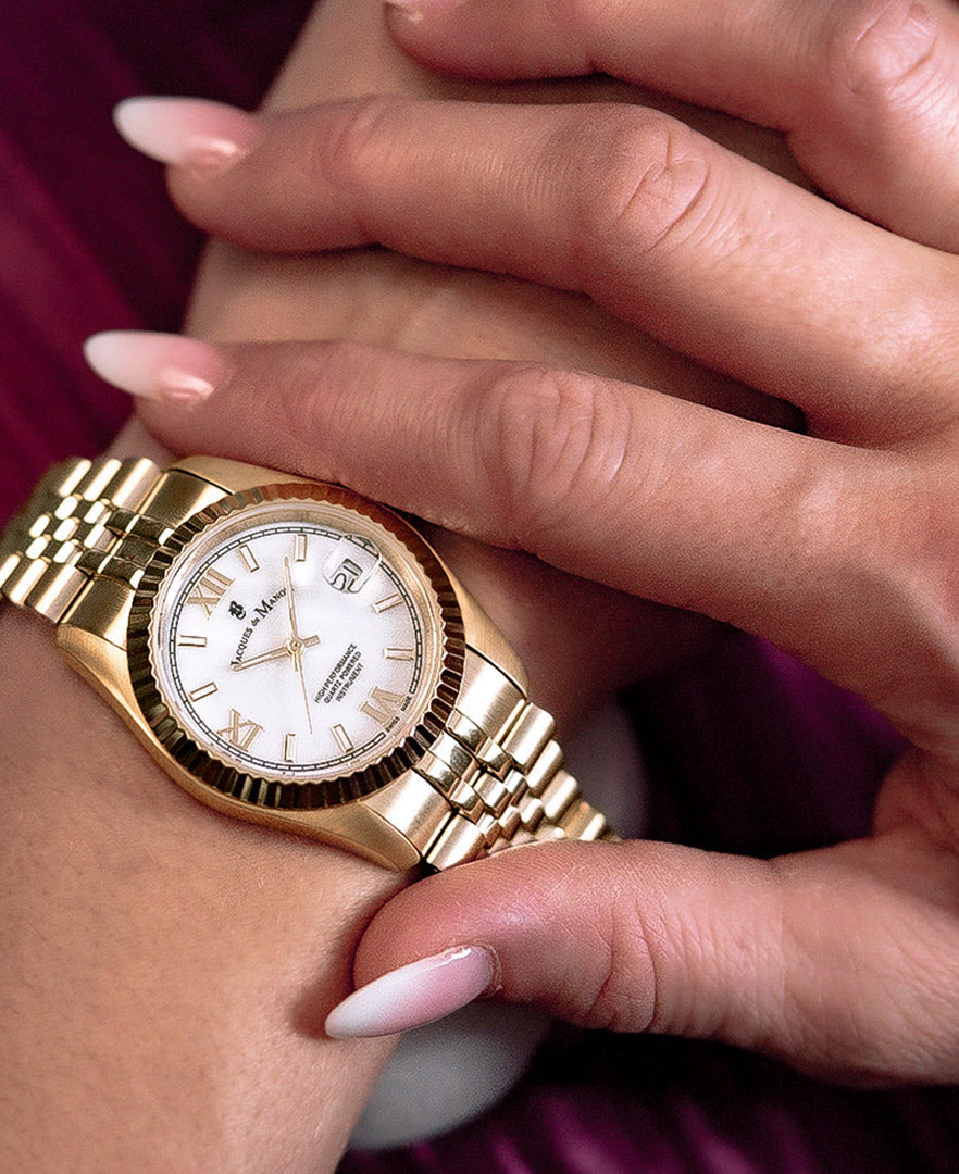Jacques Du Manoir Inspiration Roman JWL01302 – Swiss Made Ladies Watch, 34mm, Gold Stainless Steel, White Dial, Quartz, 5 ATM Water Resistance