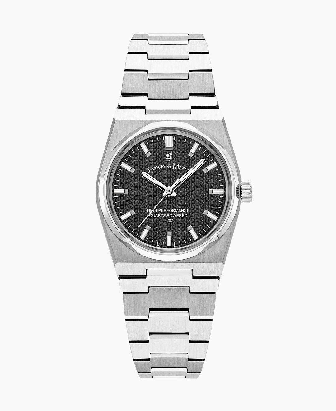 Jacques Du Manoir Horizon Ladies Watch JWL03606 – Swiss Made, 31mm, Stainless Steel, Black Dial, Zirconia Markers, Quartz