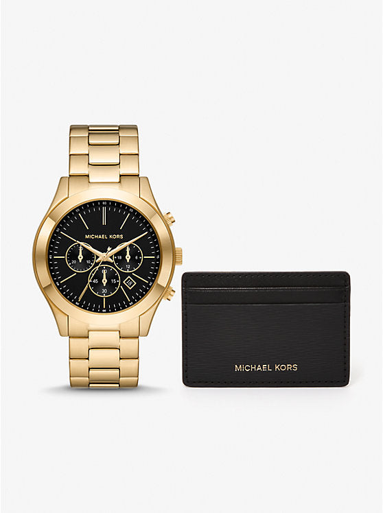 Michael Kors MK1076SET Slim Runway Gold-Tone 44mm Watch & Card Case Gift Set