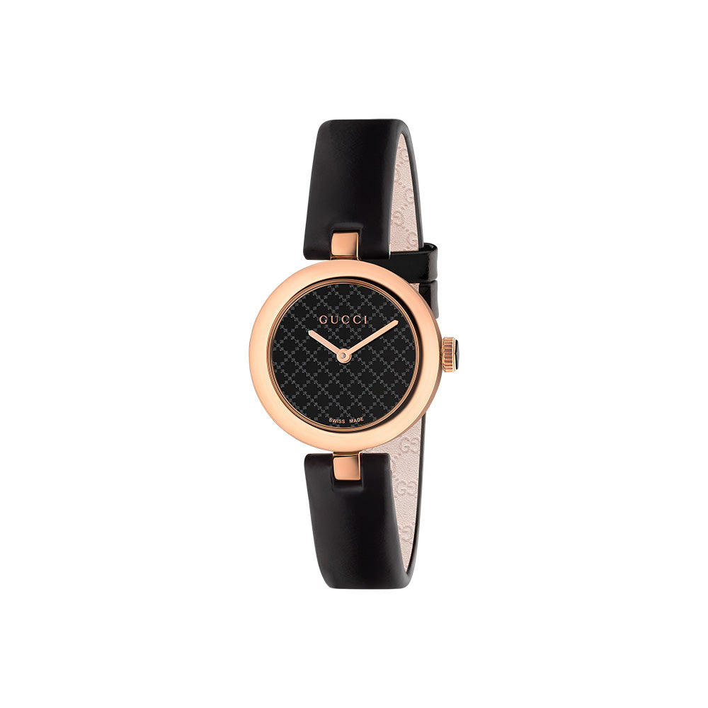 Gucci Diamantissima YA141501 Ladies Watch – 27mm Pink Gold PVD, Black Dial, Swiss Quartz Movement, Sapphire Crystal, Leather Strap