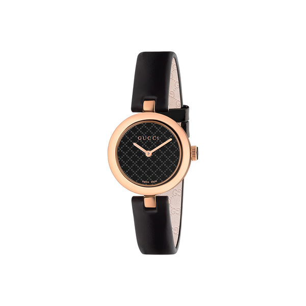 Gucci Diamantissima YA141501 Ladies Watch – 27mm Pink Gold PVD, Black Dial, Swiss Quartz Movement, Sapphire Crystal, Leather Strap