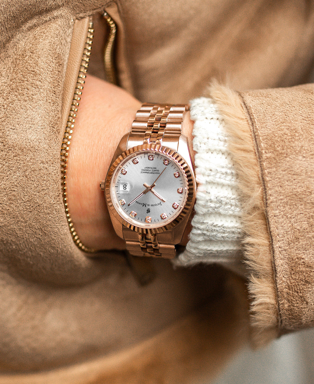 Jacques Du Manoir Inspiration Ladies Watch NRO.15 – Swiss Made, 36mm, Rose Gold PVD Stainless Steel, Silver Dial, Quartz