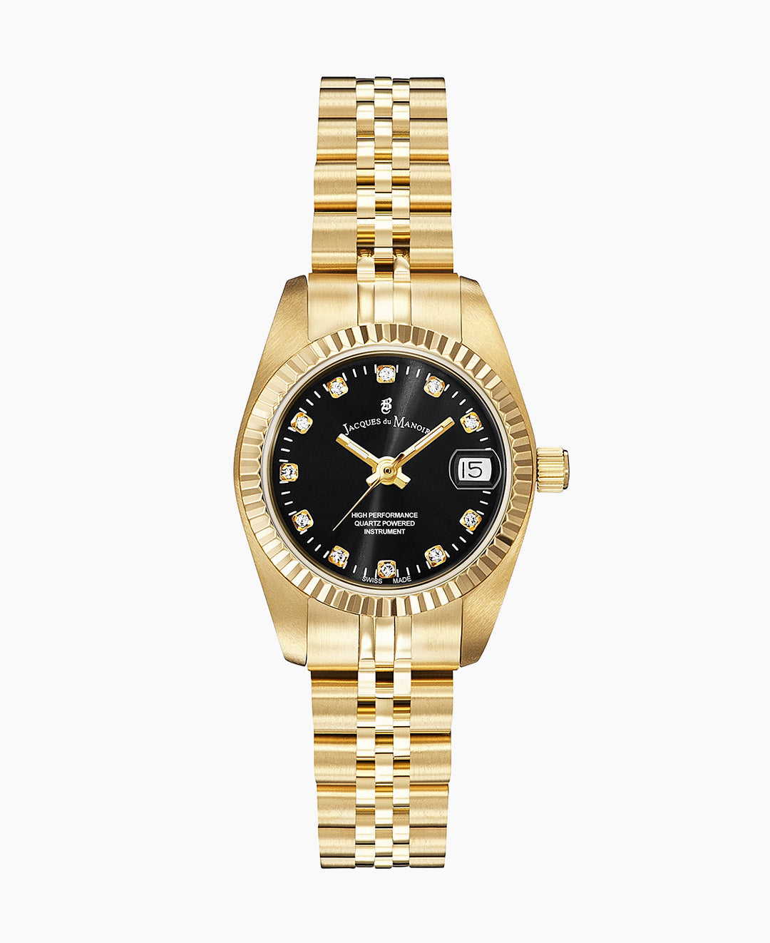 Jacques Du Manoir Inspiration Ladies Watch NRO.22 – Swiss Made, 26mm, Gold Bracelet, Black Dial, Quartz