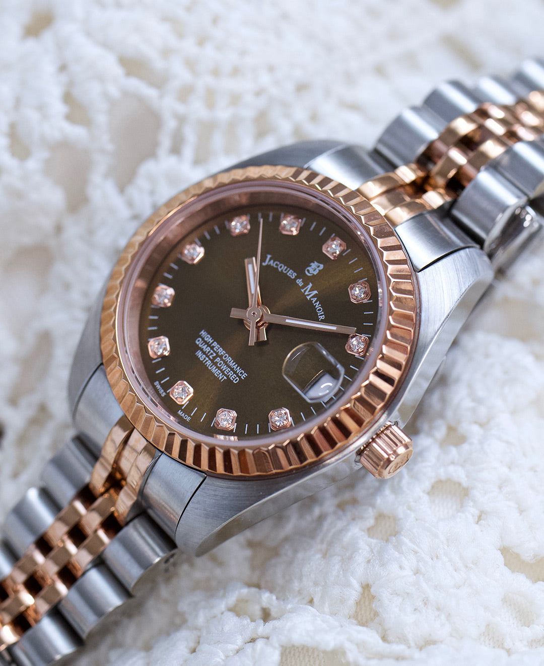 Jacques Du Manoir Inspiration Ladies Watch NRO.26 – Swiss Made, 26mm, Two-Tone Rose Gold, Brown Dial, Quartz