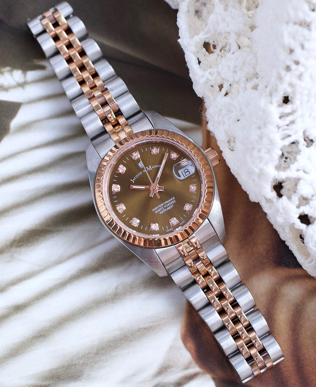 Jacques Du Manoir Inspiration Ladies Watch NRO.26 – Swiss Made, 26mm, Two-Tone Rose Gold, Brown Dial, Quartz