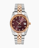 Jacques Du Manoir Inspiration Ladies Watch NRO.43 – Swiss Made, 36mm, Two-Tone Silver & Rose Gold, Burgundy Dial, Quartz