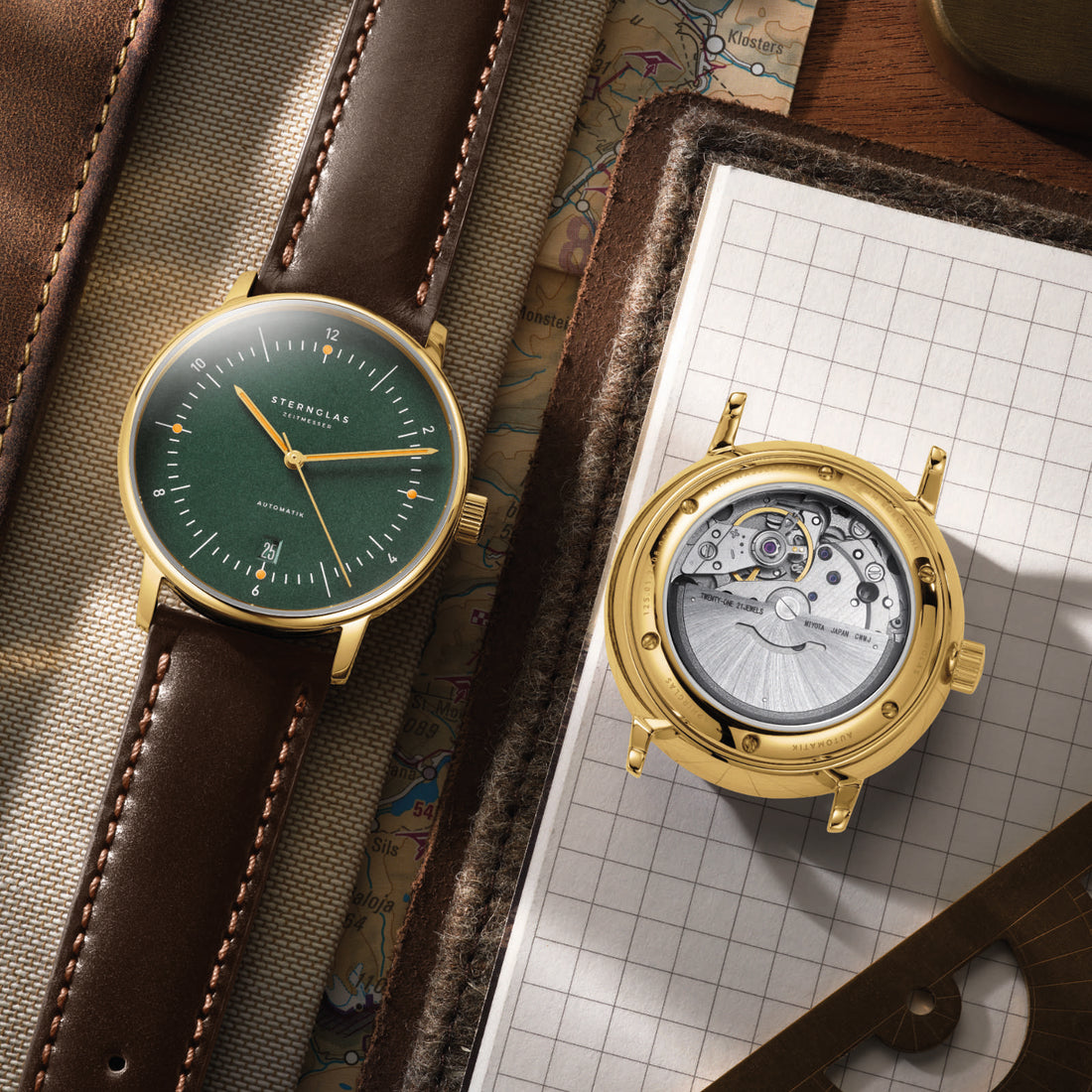 Sternglas Naos Automatik – Dark Green Gold with Brown Leather