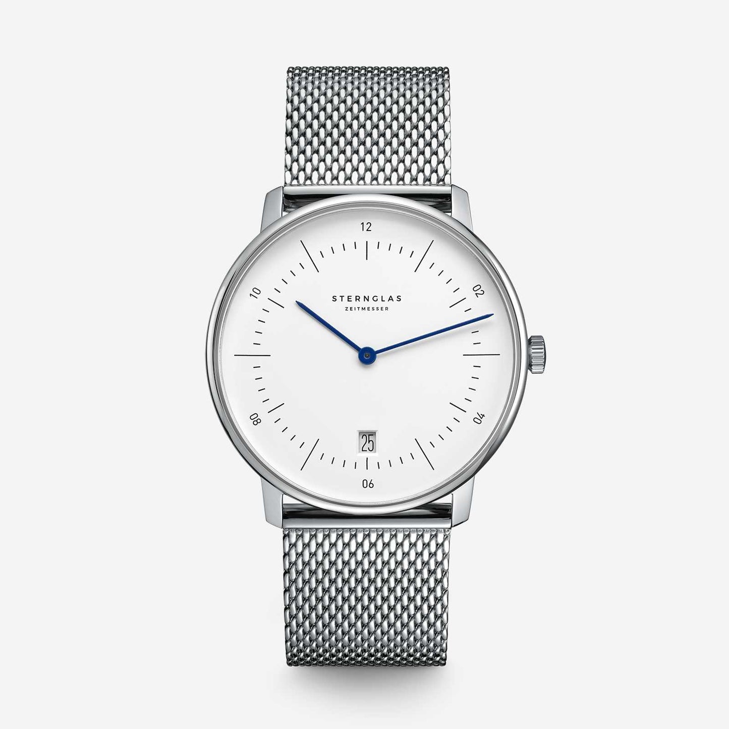 Sternglas Naos 38mm Quartz Watch S01-NA01-MI04, White Silver Dial, Sapphire Crystal, Premium Silver Milanese Strap, 5 ATM Water Resistant