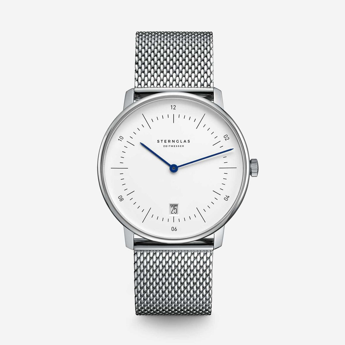 Sternglas Naos 38mm Quartz Watch S01-NA01-MI04, White Silver Dial, Sapphire Crystal, Premium Silver Milanese Strap, 5 ATM Water Resistant