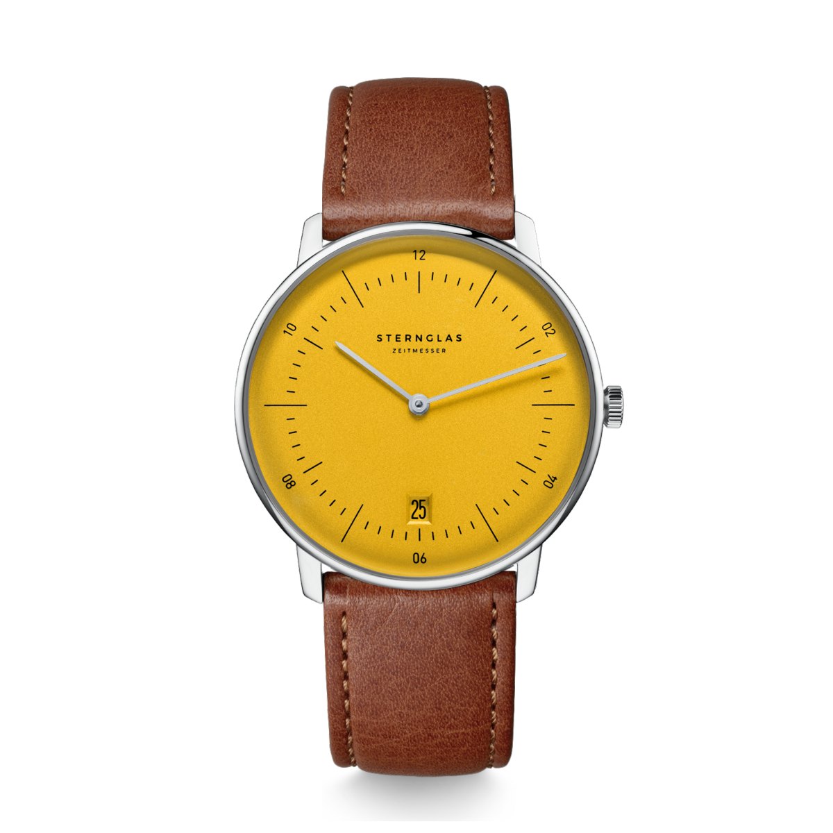 Sternglas NAOS Edition Yellow 38mm Quartz Watch S01-NAY23-MO02, Yellow Dial, Sapphire Crystal, Modena Brown Leather Strap, 5 ATM Water Resistant