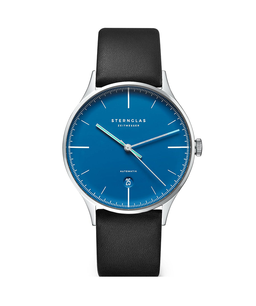 Sternglas ASTHET EDITION LUMARE 40mm Automatic Watch S02-ASL06-PR07, Blue Silver Dial, Sapphire Crystal, Premium Black Leather Strap, 5 ATM Water Resistant
