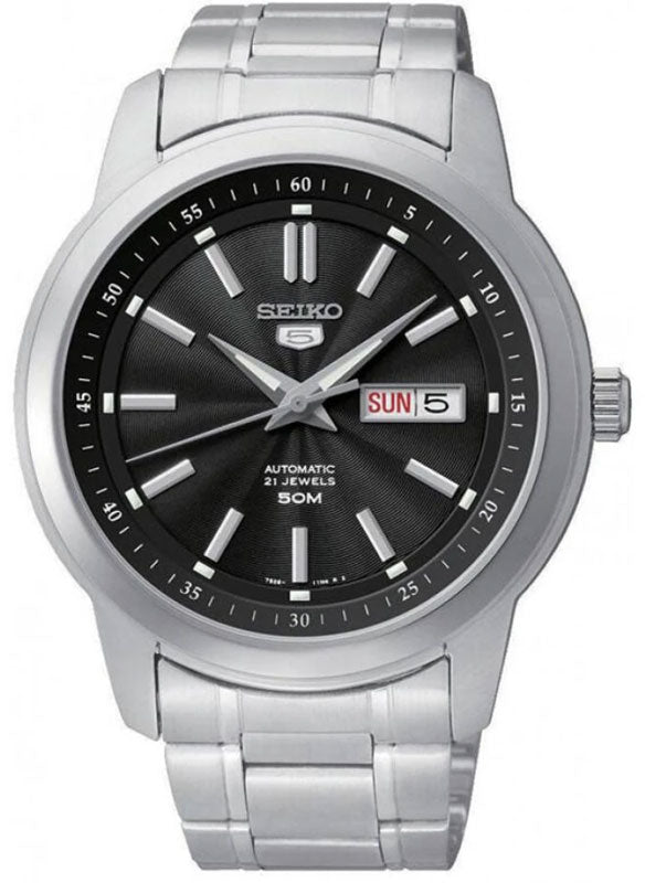 Seiko 5 Automatic Men's Watch SNKM87K1 – Japanese Made 43mm Stainless Steel Watch, Hardlex Crystal, Day-Date Display, 50M Water Resistance